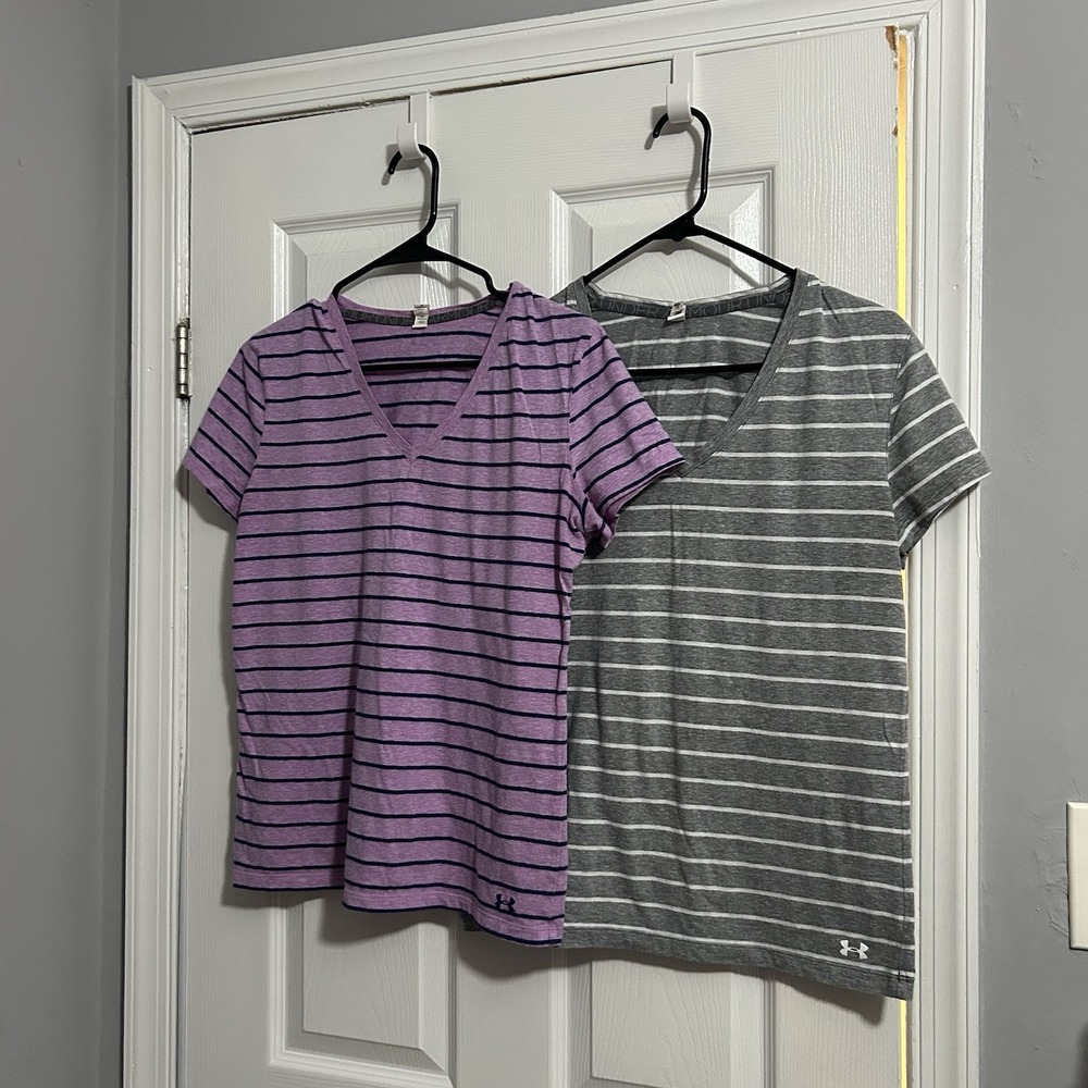 Under Armour Women's V Neck Striped Performance Shirts Lot Of Two Size Large